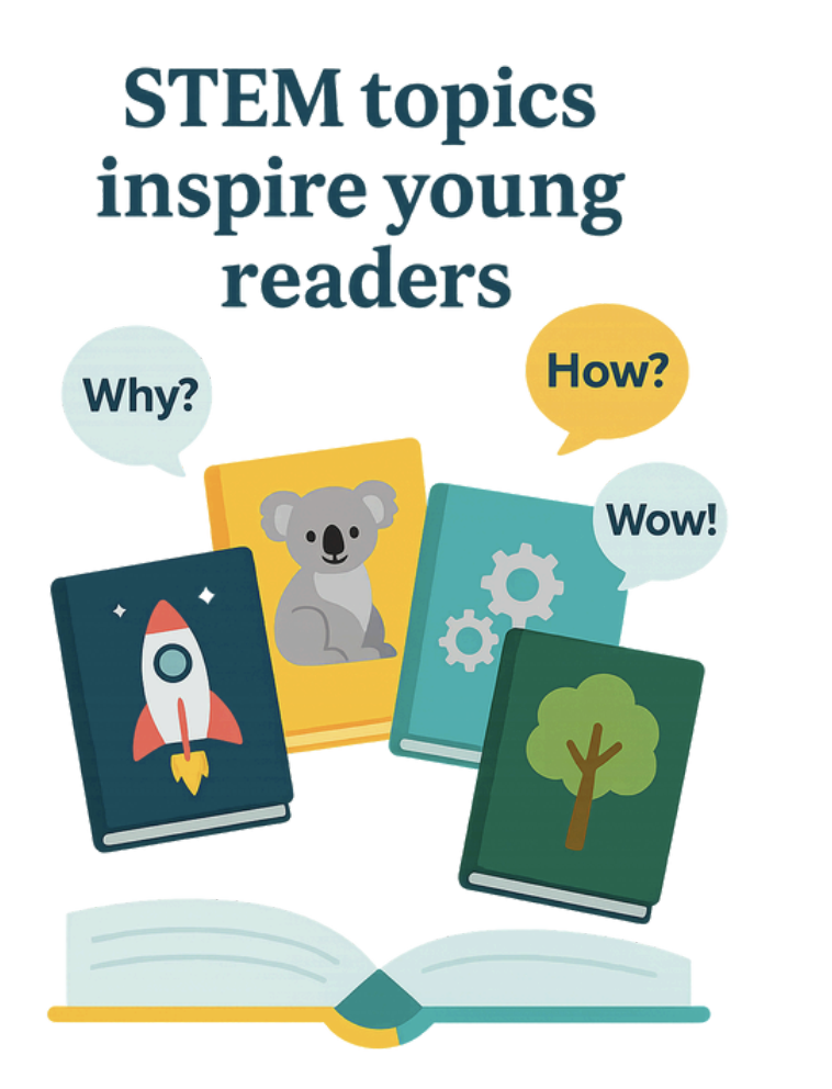 Books with STEM Topics, with why, How, What question prompts 